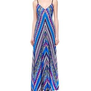 CACHE Plisse Point Stripe Geometric Print Cami Maxi Dress Boho Cobalt Blue Small